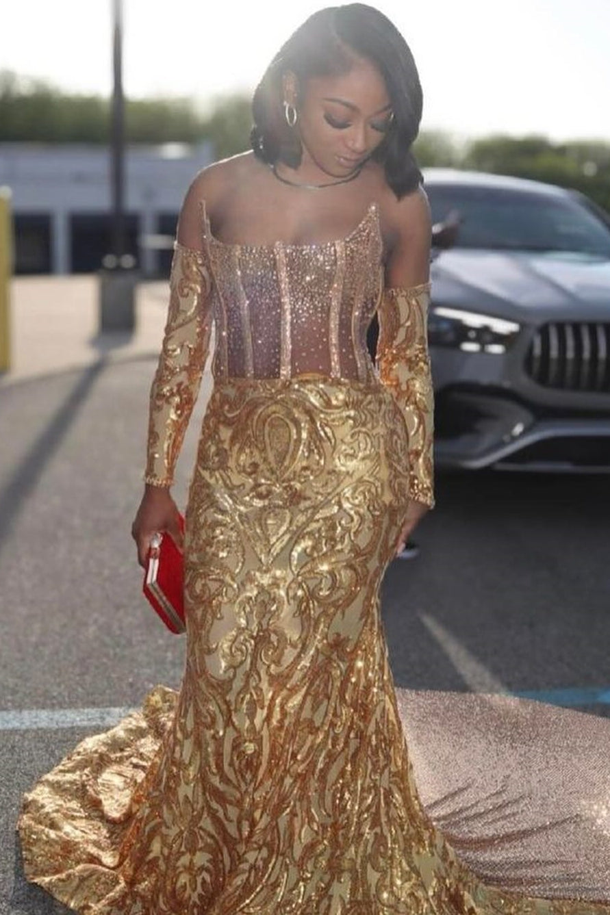 Sexy Gold Strapless Sequins Mermaid Beads Prom Dress-BallBride