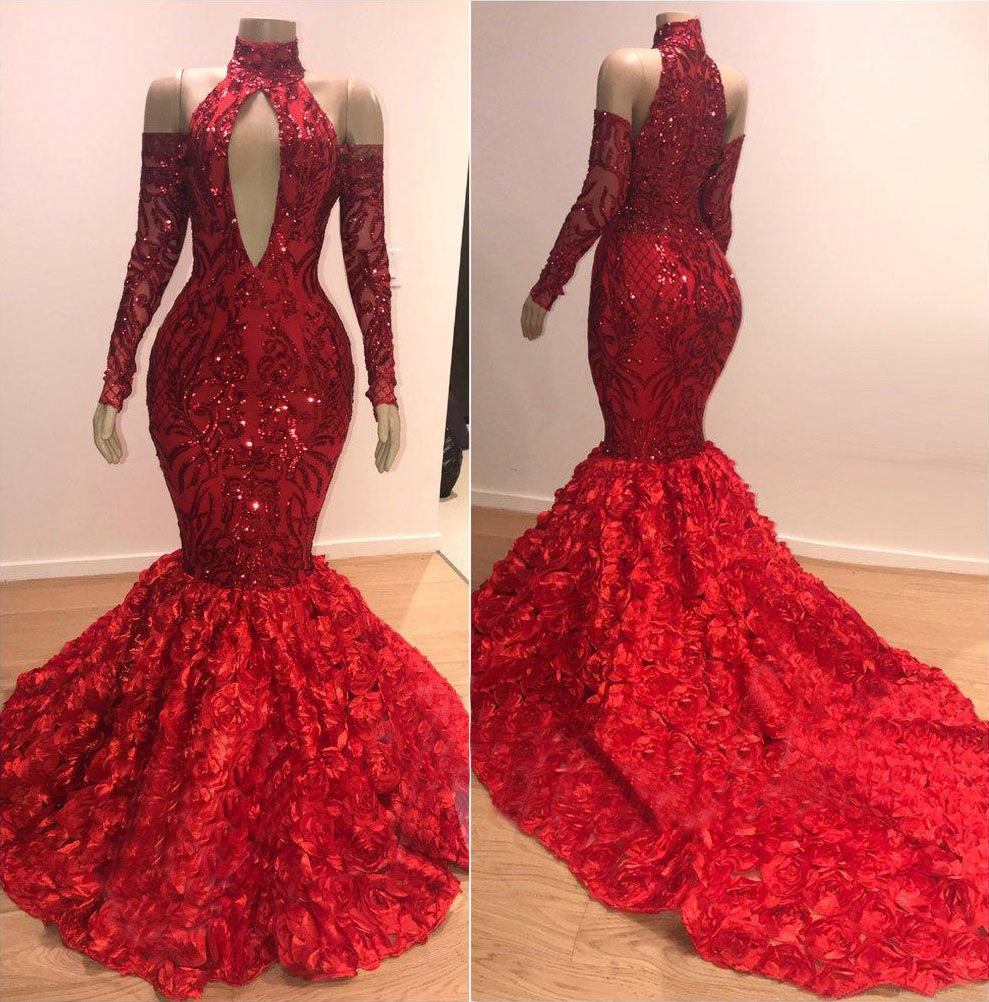 Sexy High Neck Red Sequins Long Sleeves Flowers Prom Dress with Keyhole-BallBride