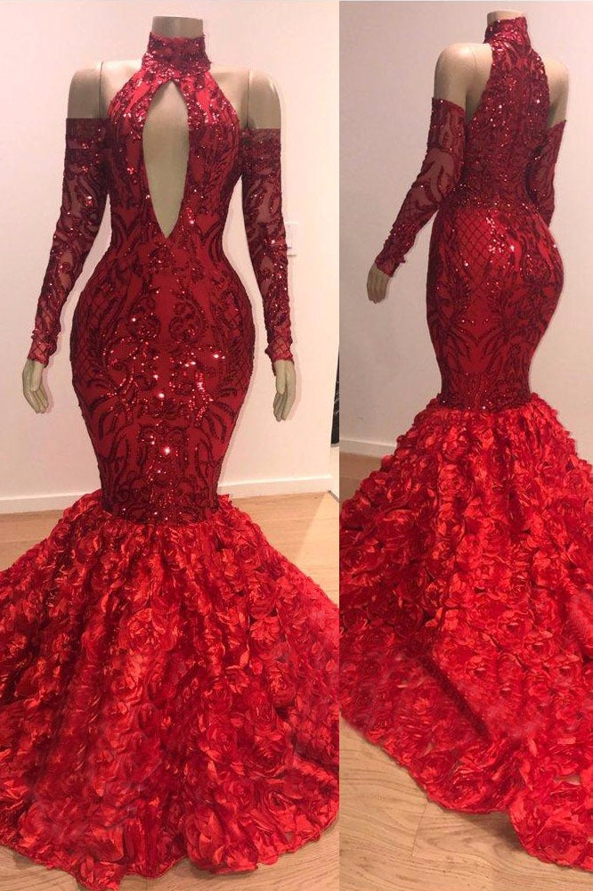 Sexy High Neck Red Sequins Long Sleeves Flowers Prom Dress with Keyhole-BallBride