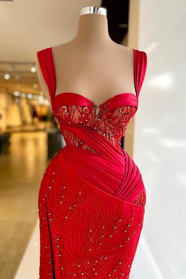 Sexy Long Mermaid Sweetheart Sleeveless Satin Lace Prom Dresses with Slit-BallBride
