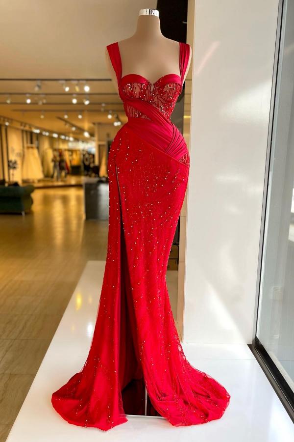 Sexy Long Mermaid Sweetheart Sleeveless Satin Lace Prom Dresses with Slit-BallBride