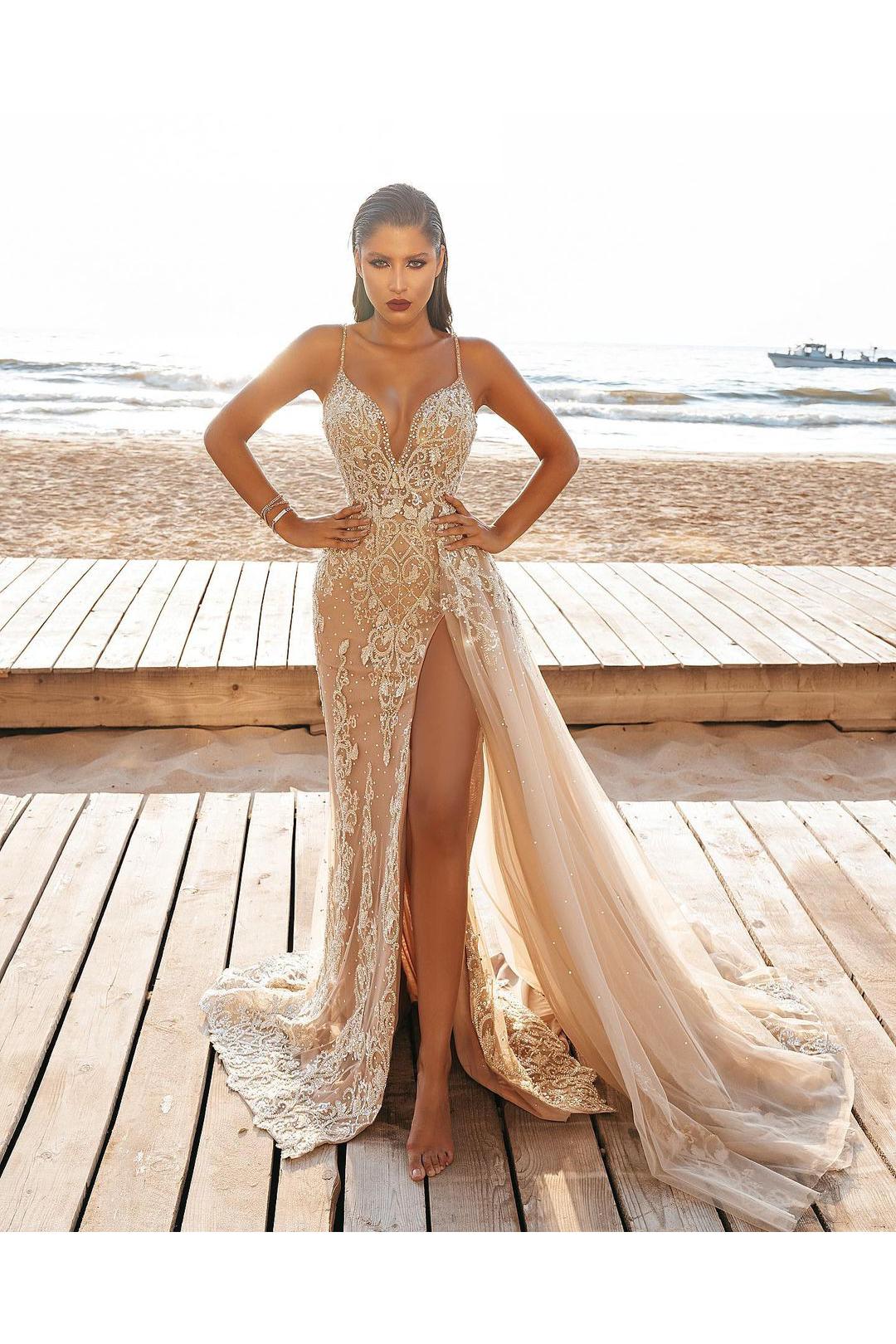 Sexy Mermaid Split Wedding Dress with Spaghetti Straps & Appliques Lace-BallBride