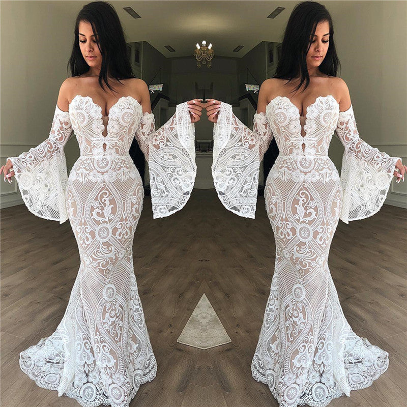 Sexy Off Shoulder Sweetheart Long Sleeves Lace Mermaid Prom Dress-BallBride