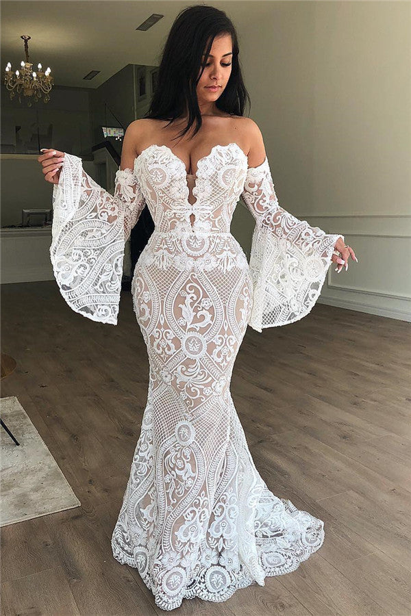Sexy Off Shoulder Sweetheart Long Sleeves Lace Mermaid Prom Dress-BallBride