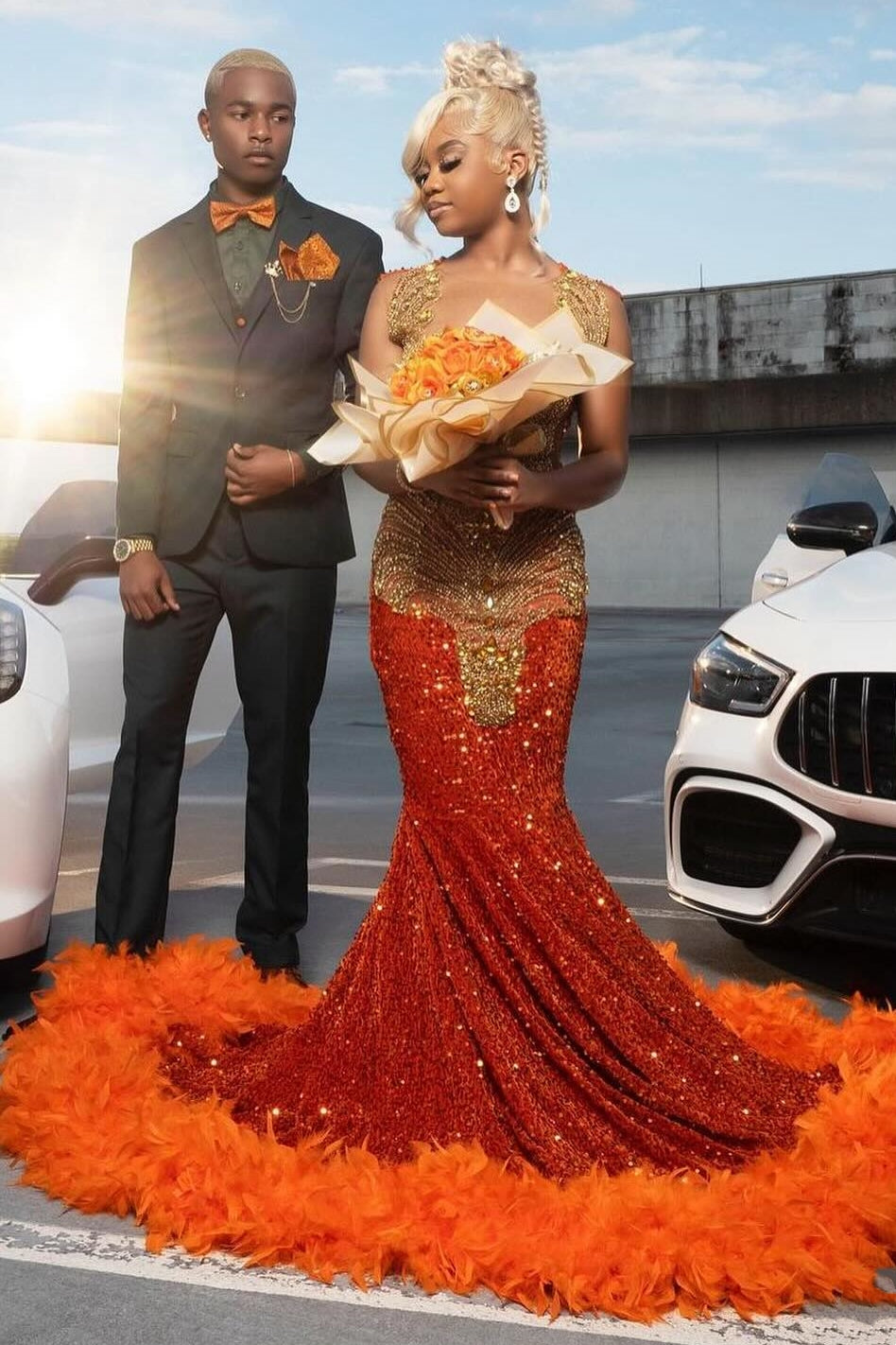 Sexy Orange Sequins Crystal Mermaid Prom Dress with Fur-BallBride