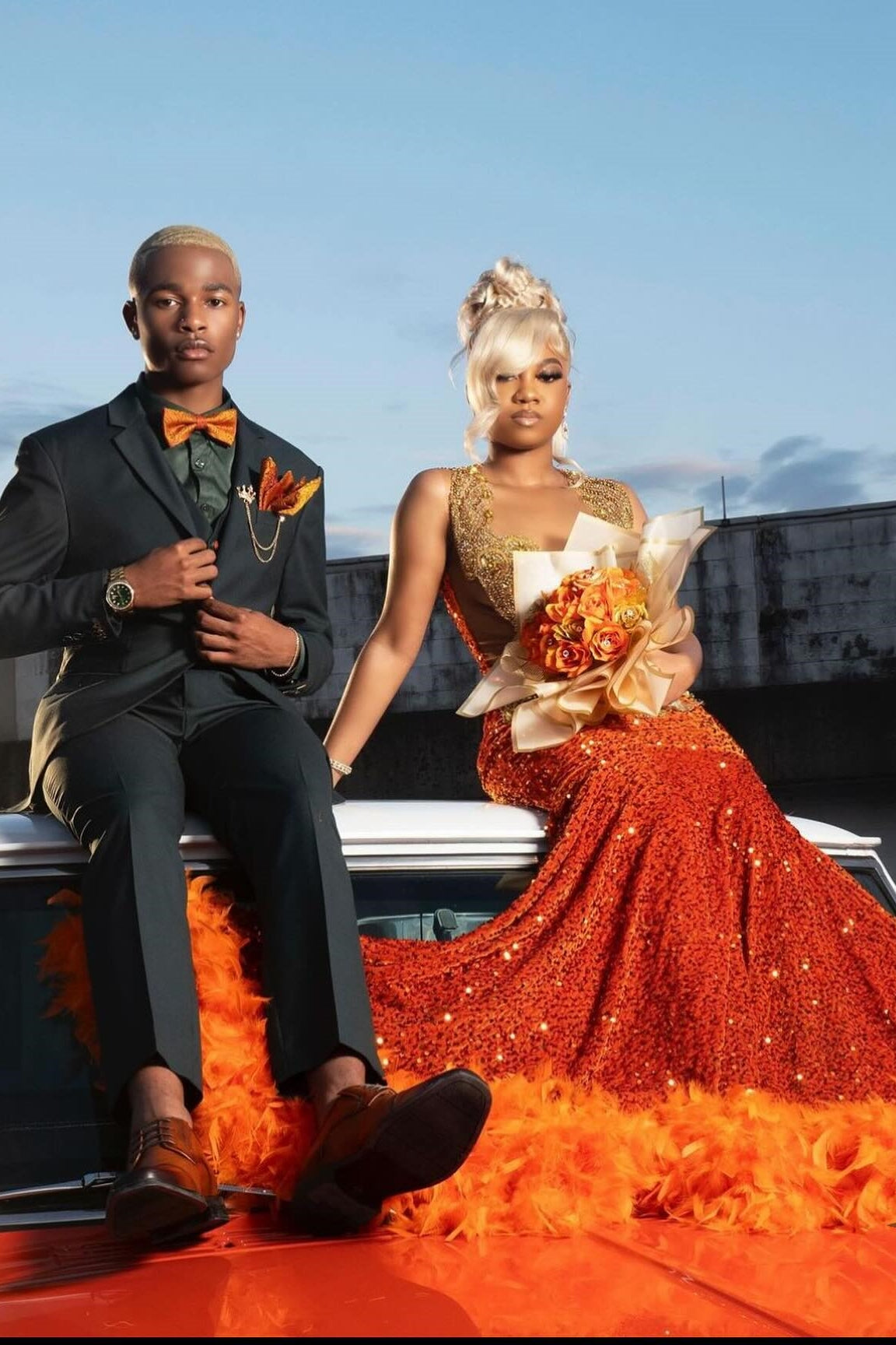 Sexy Orange Sequins Crystal Mermaid Prom Dress with Fur-BallBride