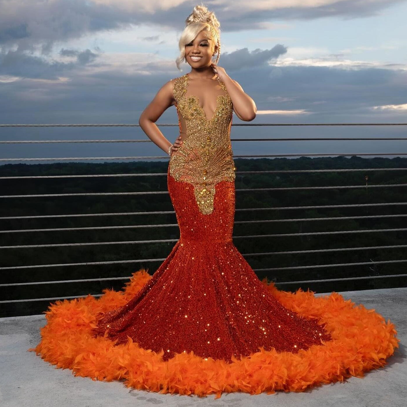 Sexy Orange Sequins Crystal Mermaid Prom Dress with Fur-BallBride