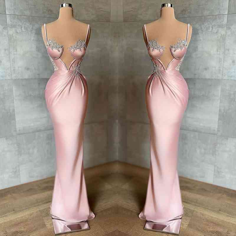 Sexy Pink Spaghetti Straps Mermaid Appliques Prom Dress-BallBride