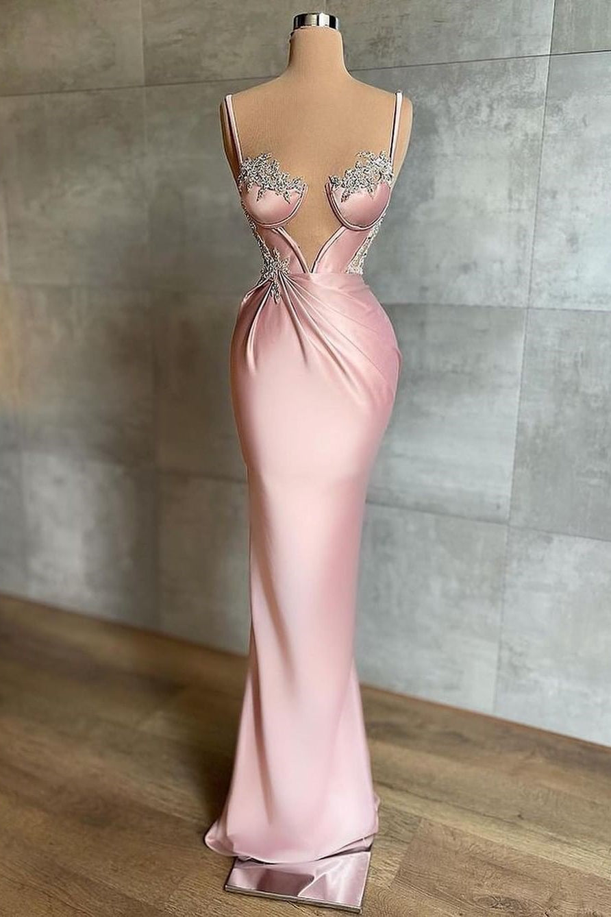 Sexy Pink Spaghetti Straps Mermaid Appliques Prom Dress-BallBride