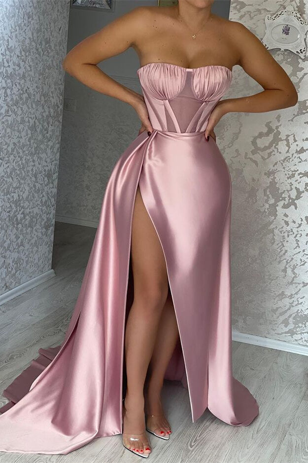 Sexy Pink Strapless Mermaid Prom Dress with Split Pleats Ruffles-BallBride