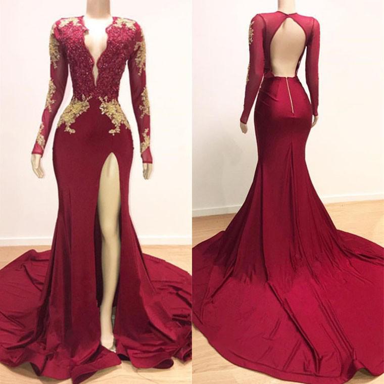 Sexy Red Long Sleeves Open Back Appliques Mermaid Prom Dresses-BallBride