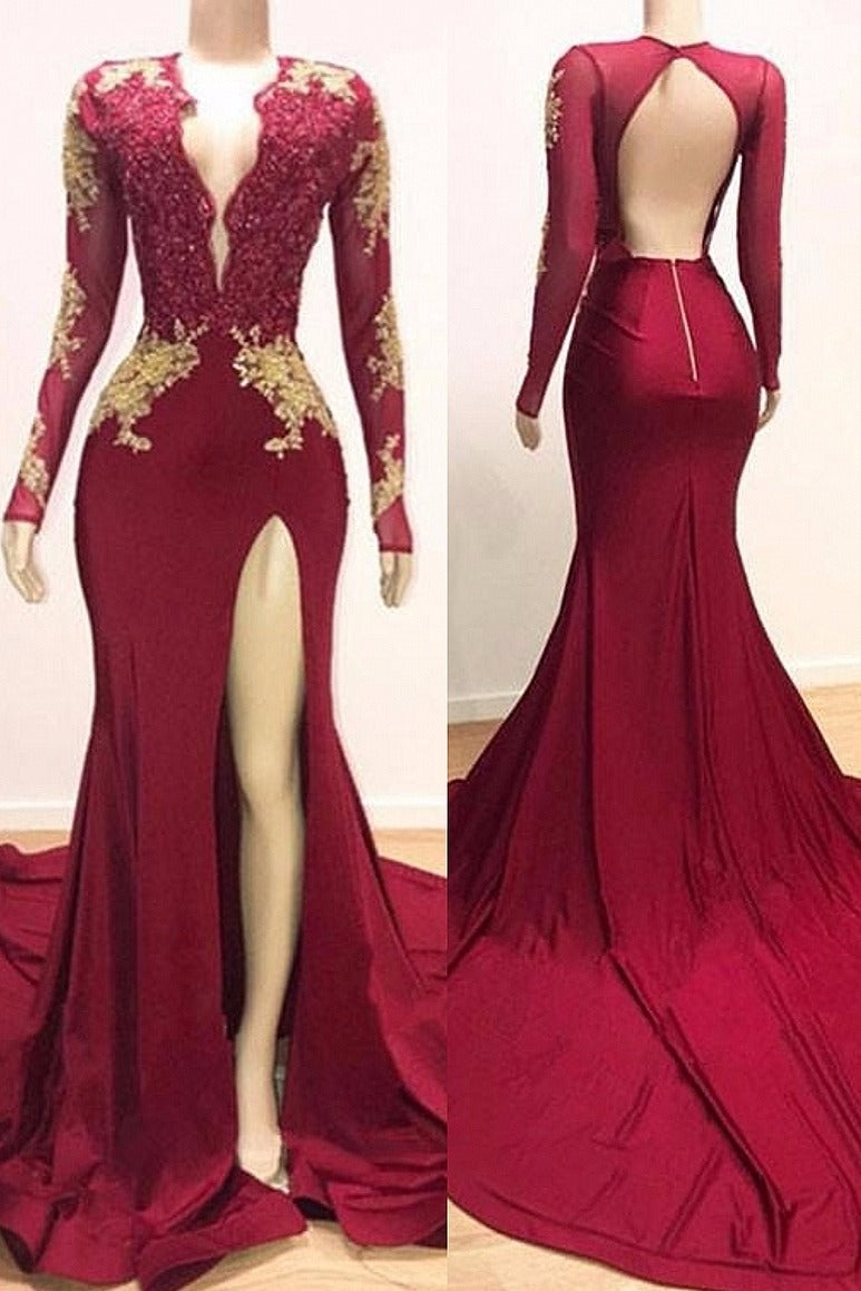 Sexy Red Long Sleeves Open Back Appliques Mermaid Prom Dresses-BallBride