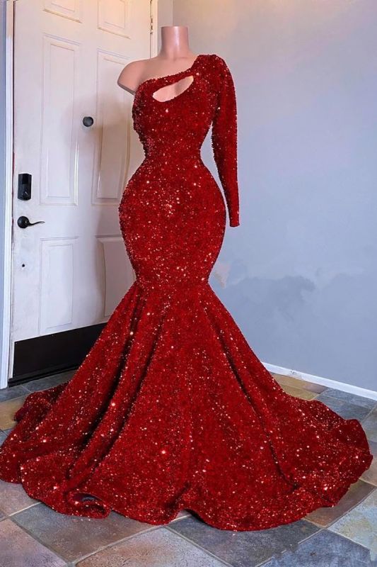 Sexy Red Sequins Mermaid One-Shoulder Long Sleeve Prom Dress-BallBride