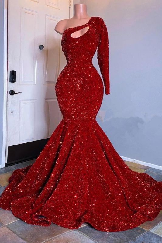 Sexy Red Sequins Mermaid One-Shoulder Long Sleeve Prom Dress-BallBride