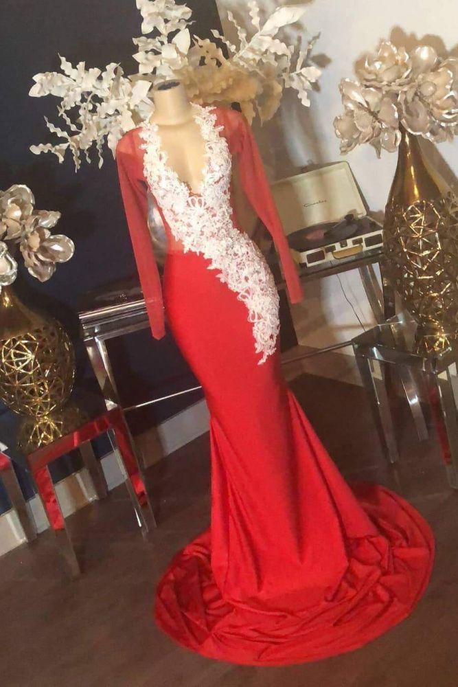 Sexy Red V-Neck Long Sleeves Appliques Mermaid Prom Dress-BallBride