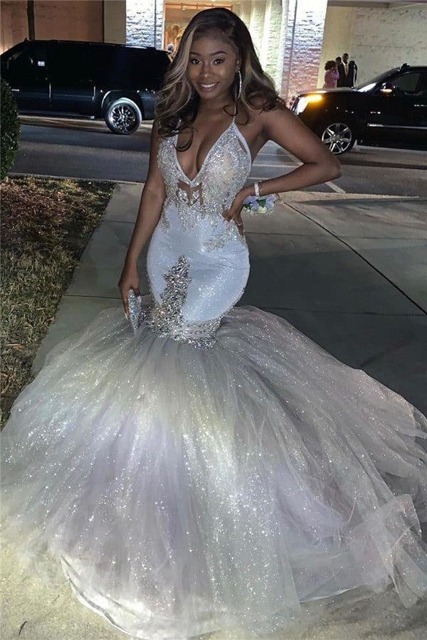 Sexy Silver Spaghetti Straps Mermaid Appliques Beads Prom Dress-BallBride