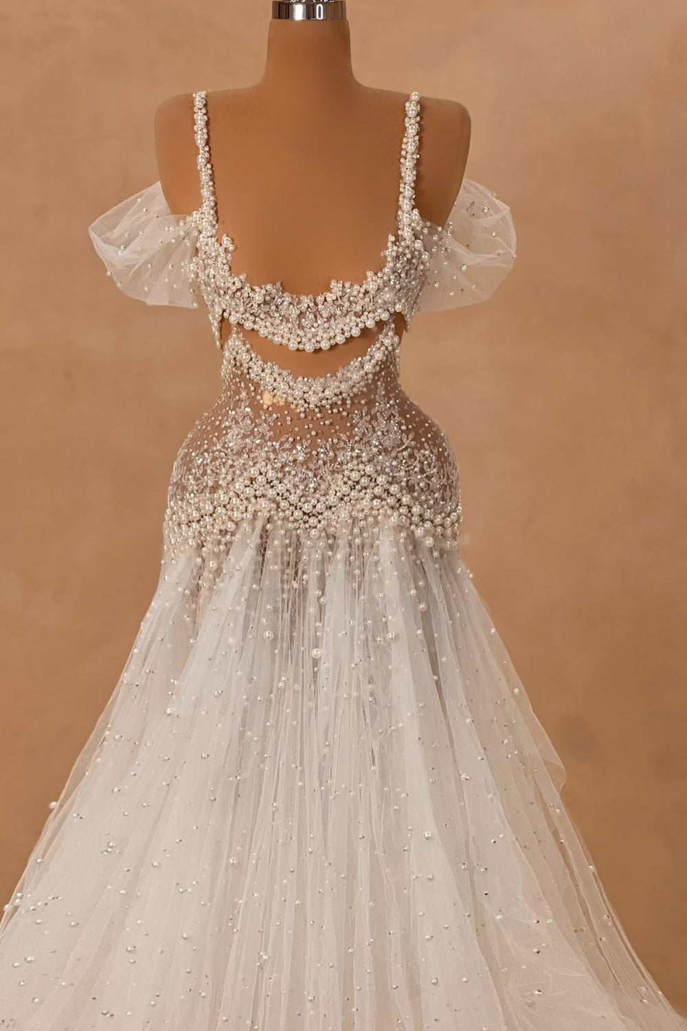 Sexy Spaghetti Straps Off The Shoulder A-line Tulle Beaded Long Prom Dress-BallBride