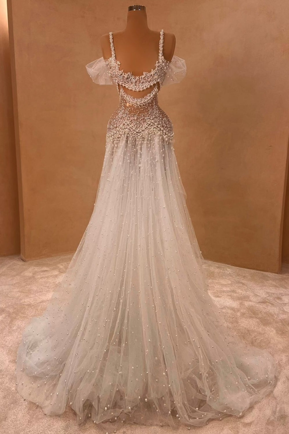 Sexy Spaghetti Straps Off The Shoulder A-line Tulle Beaded Long Prom Dress-BallBride