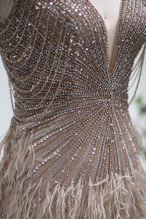 Sexy V Neck Mermaid Evening Dress With Diamond Feathers-BallBride