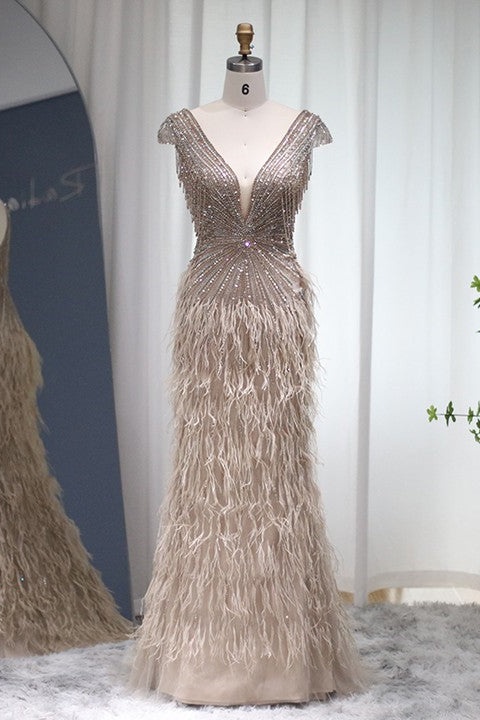 Sexy V Neck Mermaid Evening Dress With Diamond Feathers-BallBride