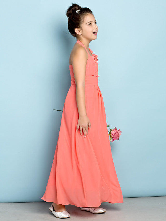 Sheath Halter Neck Chiffon Junior Bridesmaid Dress With Side Draping-BallBride