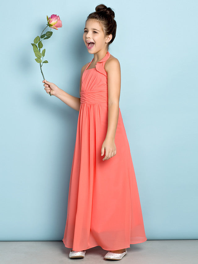 Sheath Halter Neck Chiffon Junior Bridesmaid Dress With Side Draping-BallBride