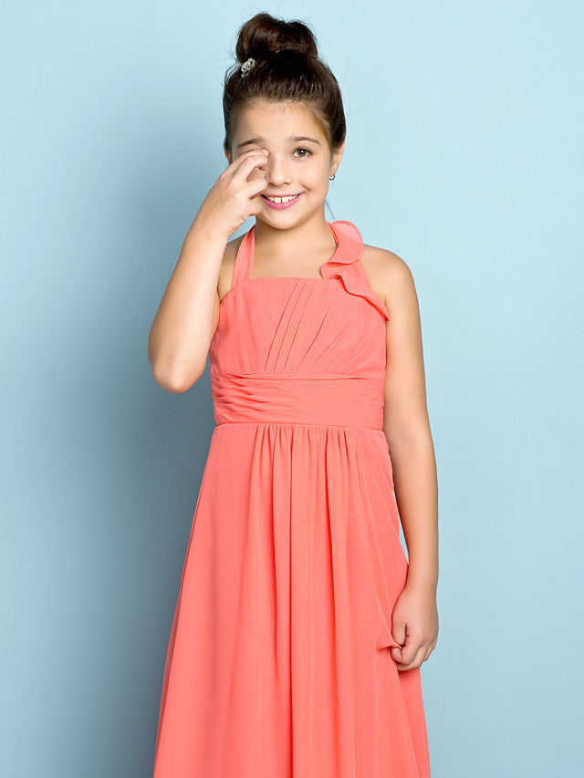 Sheath Halter Neck Chiffon Junior Bridesmaid Dress With Side Draping-BallBride