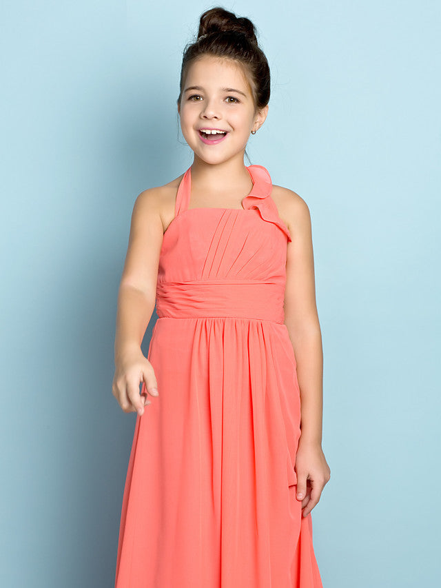 Sheath Halter Neck Chiffon Junior Bridesmaid Dress With Side Draping-BallBride