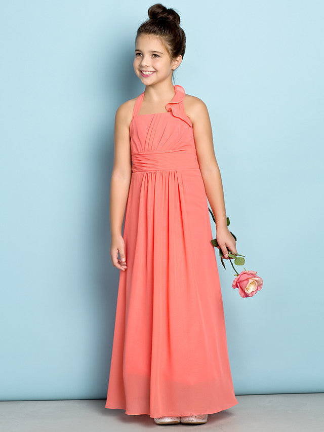 Sheath Halter Neck Chiffon Junior Bridesmaid Dress With Side Draping-BallBride