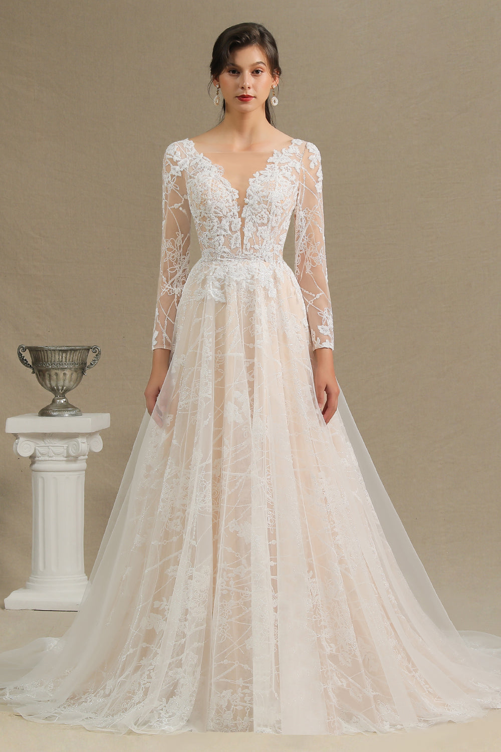 Sheer Tulle A-Line Wedding Dress With Lace Illusion Sleeves-BallBride