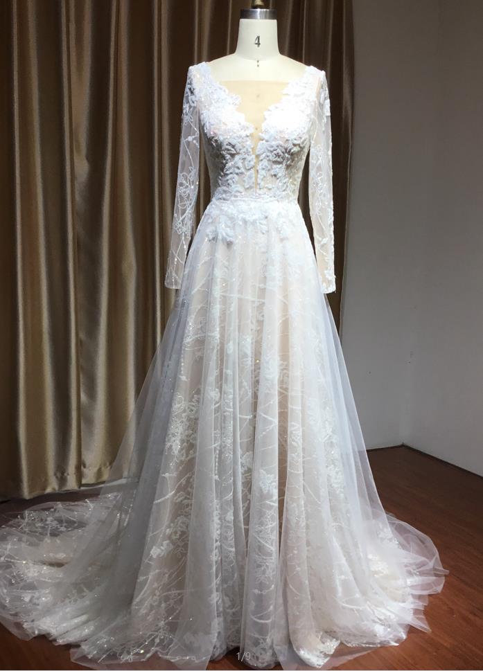Sheer Tulle A-Line Wedding Dress With Lace Illusion Sleeves-BallBride