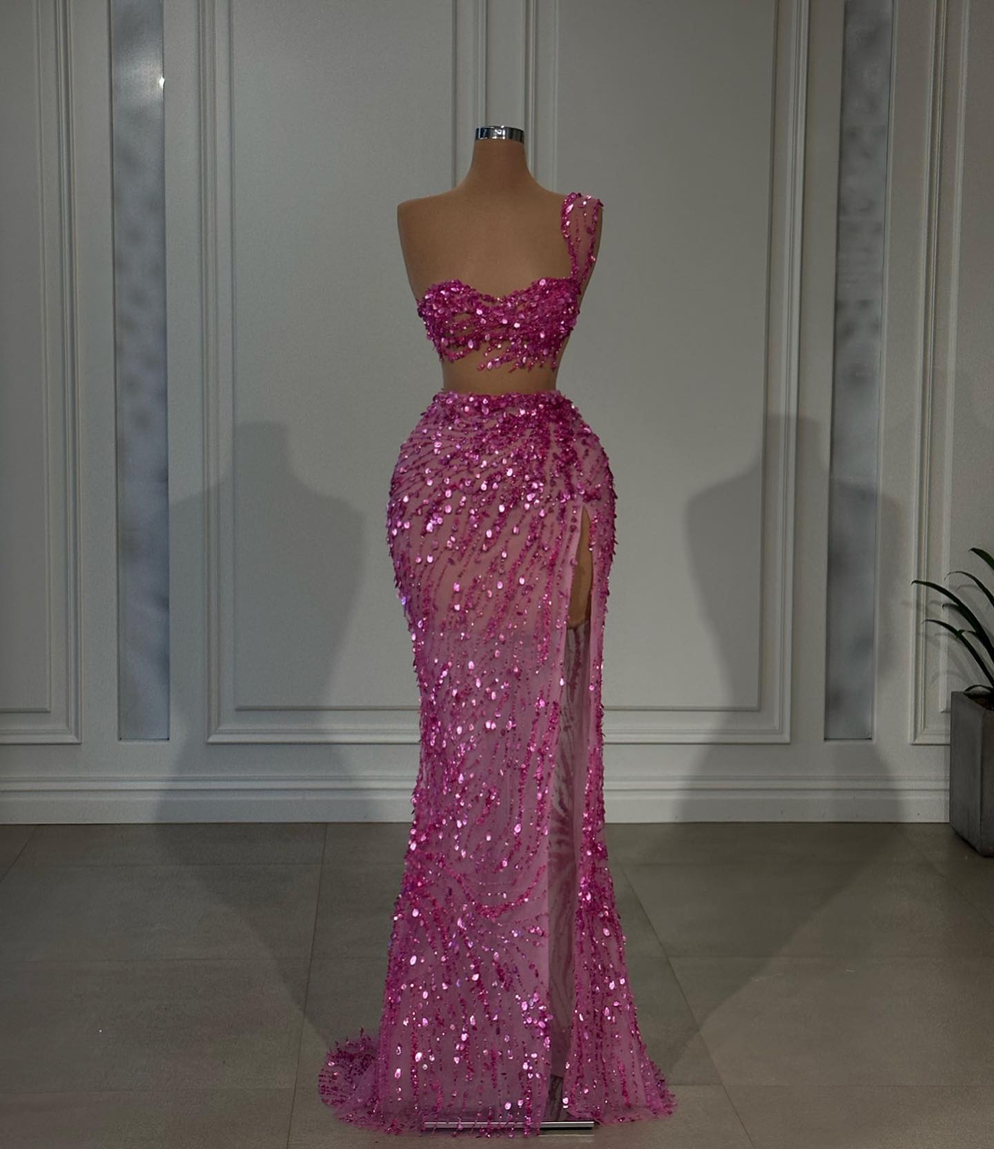 Shining Hot Pink Prom Dress with Single Shoulder Strap and Sleeveless Split-BallBride