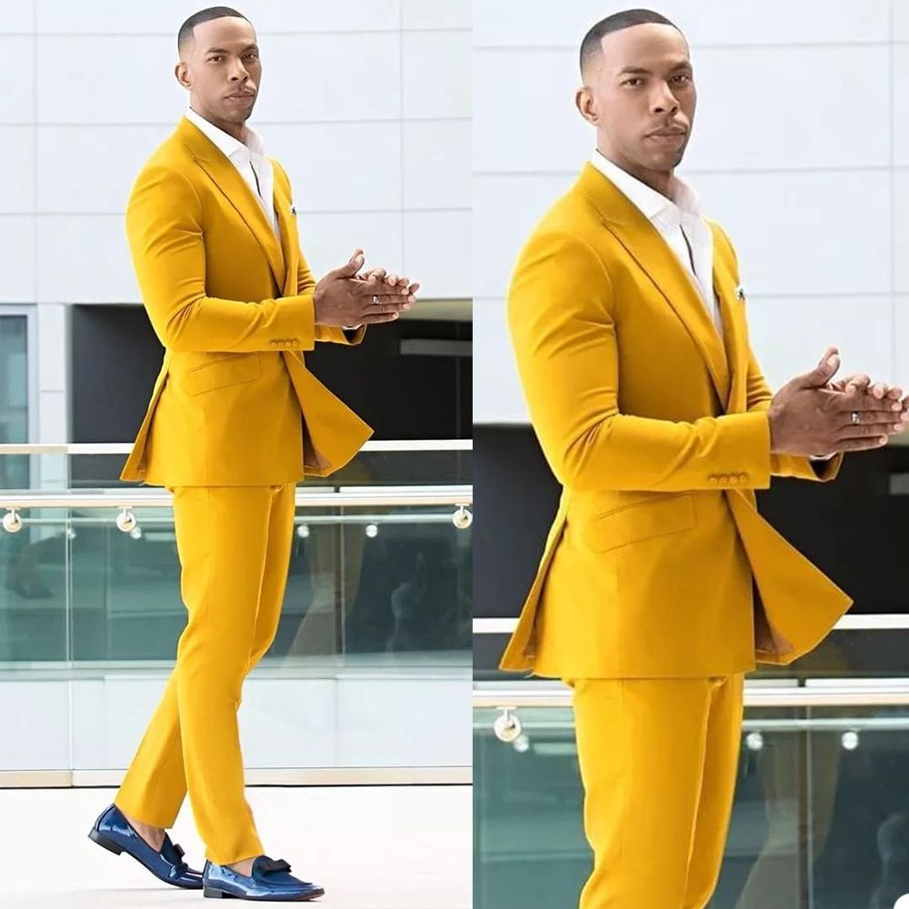 Shining Peaked Lapel Yellow Double Breasted Men Suits for Ring Bearer Prom Online-BallBride