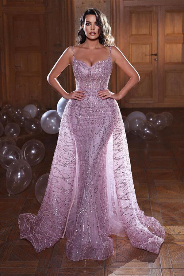 Shinning Mermaid Evening Dress with Spaghetti-Straps and Overskirt Sleeveless Online-BallBride