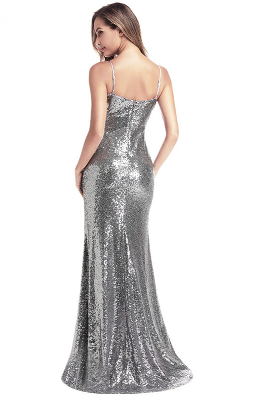 Shinning Silver Grey Prom Dress with Sequins and Slit-BallBride