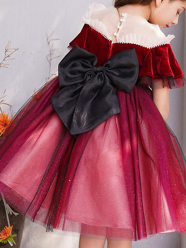 Short Sleeve A-Line Flower Girl Dress With Bow Cascading Ruffles Crystals & Rhinestones-BallBride