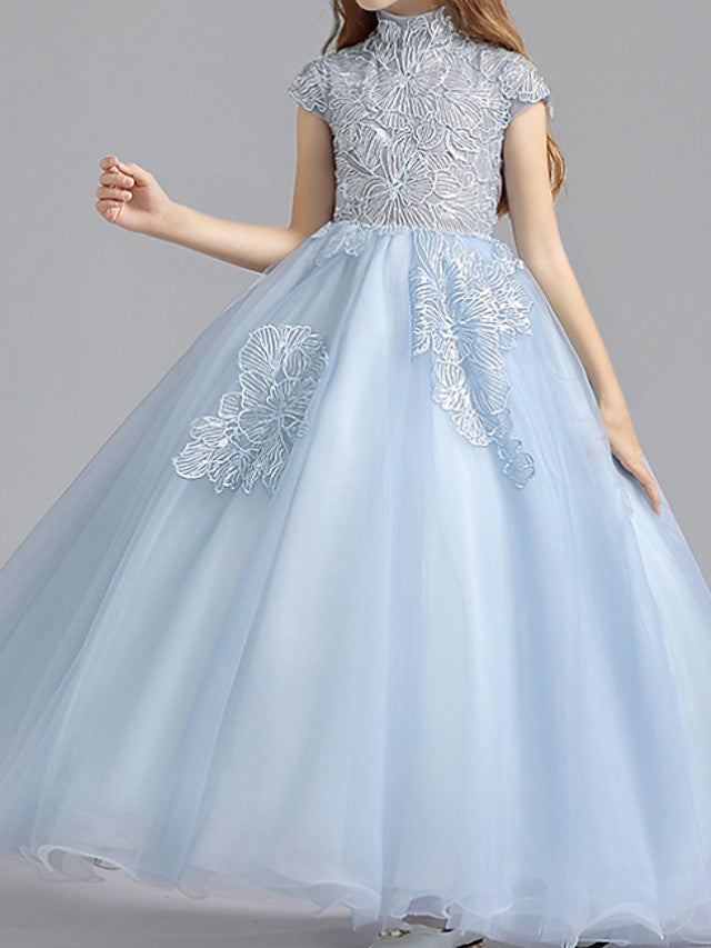 Short Sleeve High Neck Ball Gown with Ruching for Flower Girls-BallBride