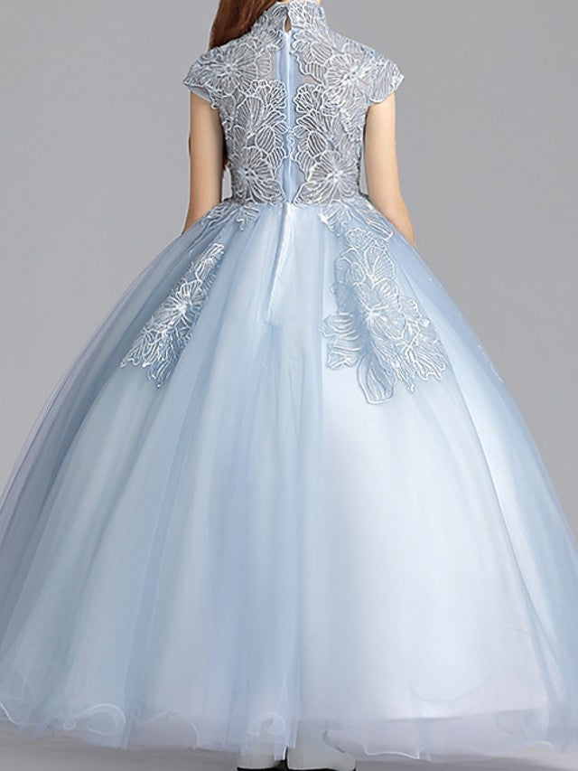 Short Sleeve High Neck Ball Gown with Ruching for Flower Girls-BallBride