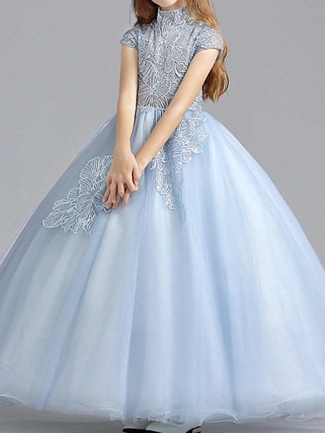 Short Sleeve High Neck Ball Gown with Ruching for Flower Girls-BallBride