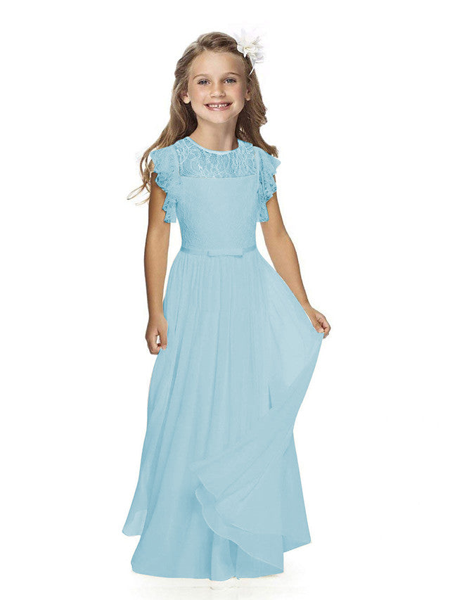 Short Sleeve Jewel Neck Flower Girl Dress with Lace and Butterfly-BallBride