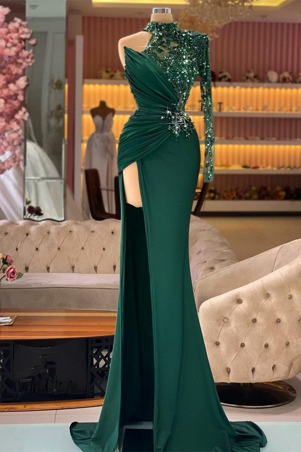 Side Split Halter One Sleeve Mermaid Ruched Prom Dress with Rhinestones and Beads-BallBride