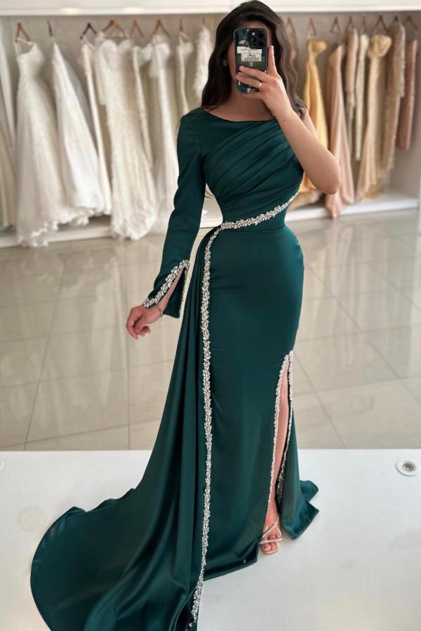 Side Split Mermaid Green One Shoulder Long Sleeve Prom Dress-BallBride
