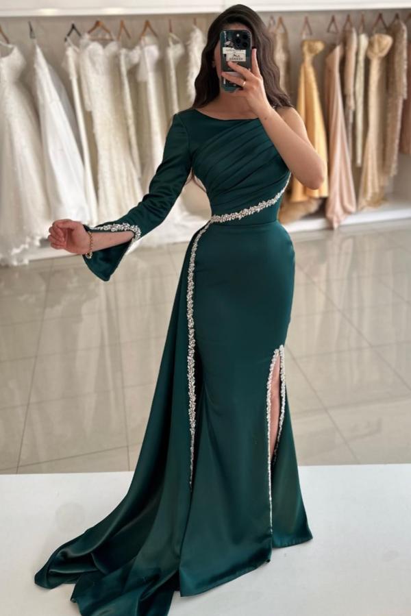 Side Split Mermaid Green One Shoulder Long Sleeve Prom Dress-BallBride