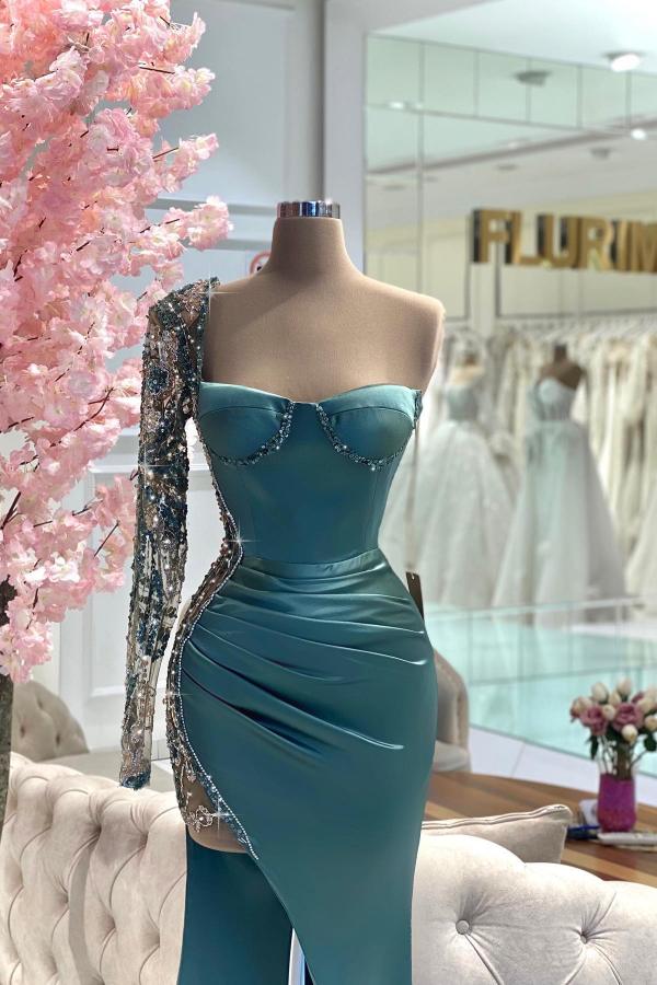 Side Split One Shoulder Long Sleeve Mermaid Long Prom Dress with Sequins and Beads-BallBride