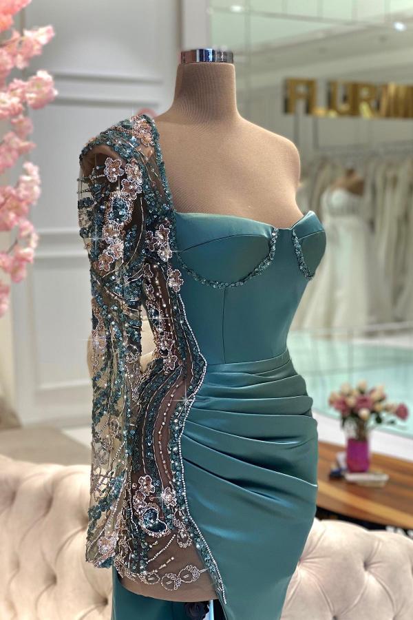 Side Split One Shoulder Long Sleeve Mermaid Long Prom Dress with Sequins and Beads-BallBride
