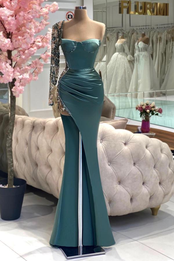 Side Split One Shoulder Long Sleeve Mermaid Long Prom Dress with Sequins and Beads-BallBride