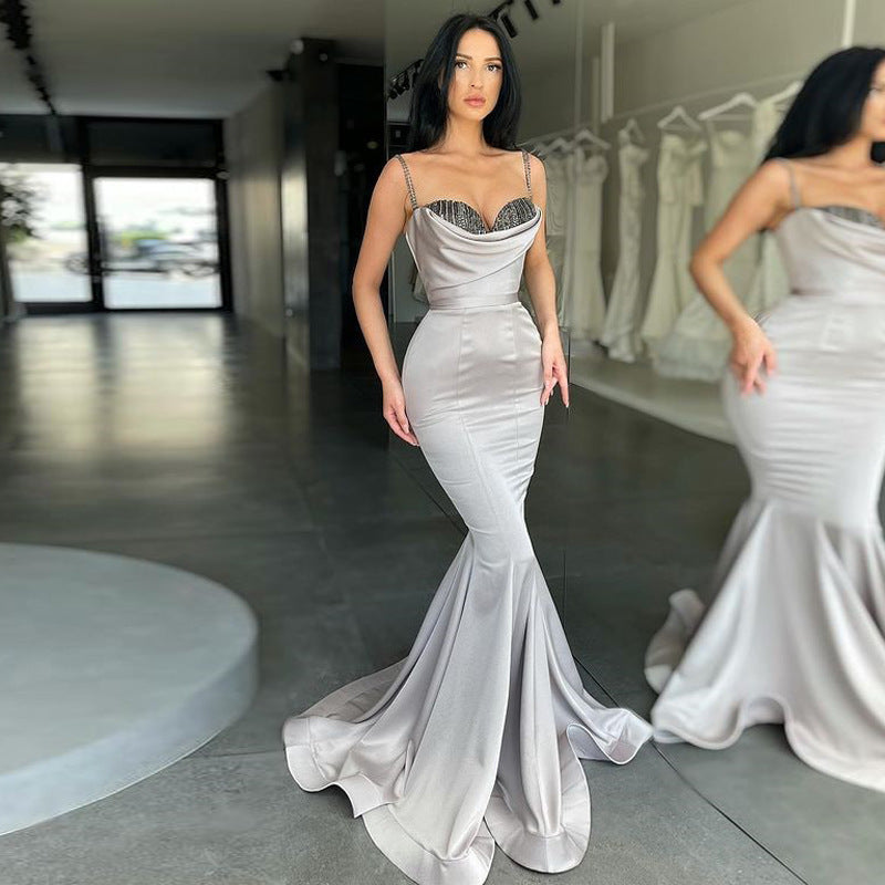 Silver Gray Mermaid Prom Dress with Spaghetti-Straps-BallBride