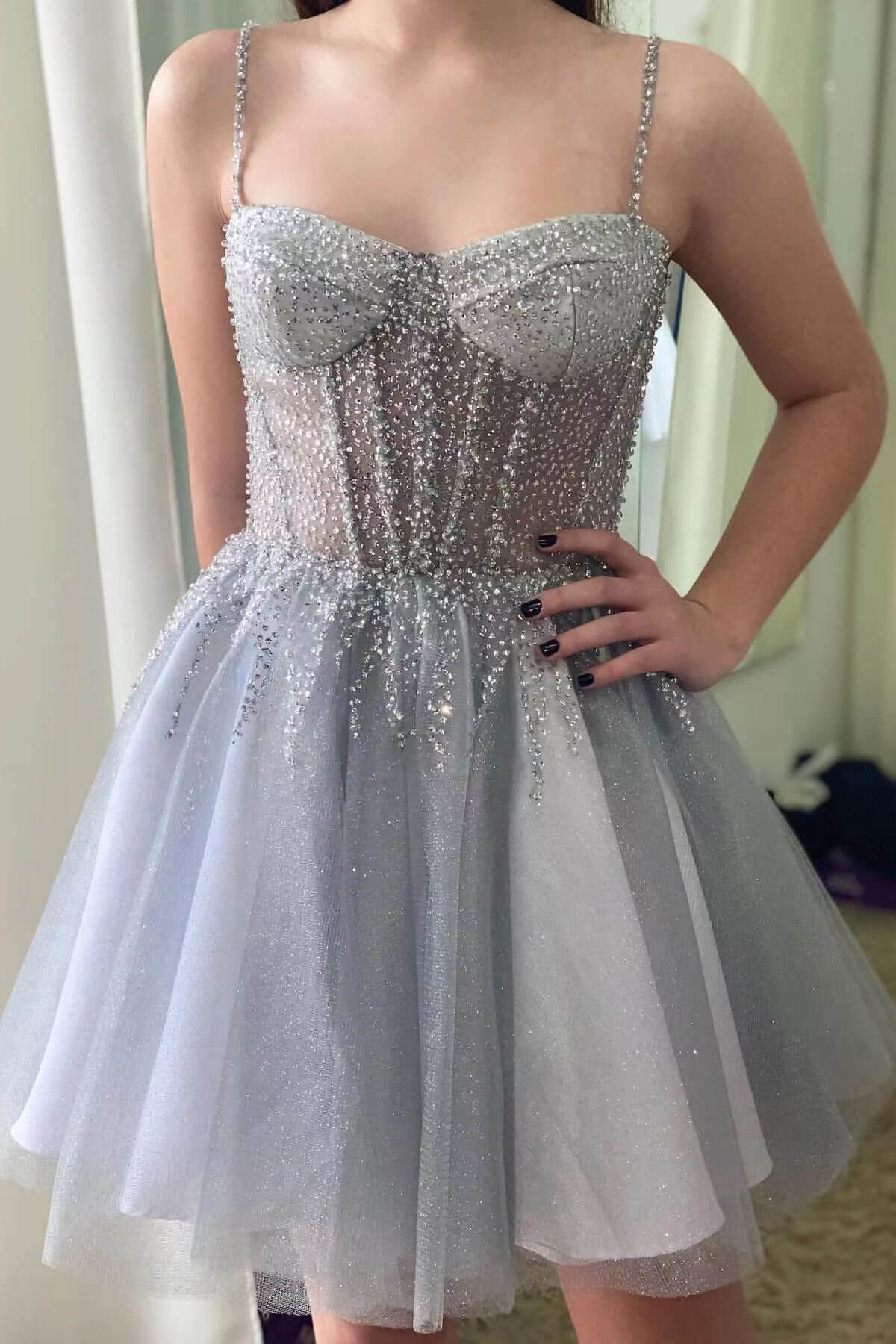 Silver Gray Short Tulle Prom Dress with Sequins-BallBride