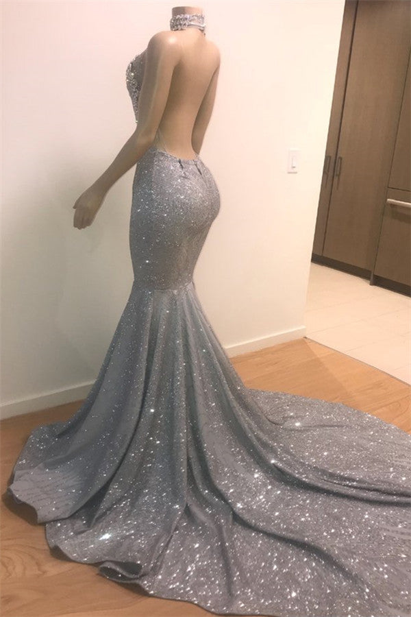 Silver High Neck Sequins Appliques Sleeveless Sequins Prom Dress-BallBride