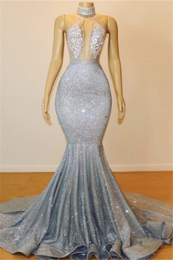 Silver High Neck Sequins Appliques Sleeveless Sequins Prom Dress-BallBride